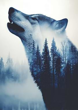 Wolf howling in a misty forest