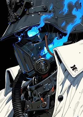 Steampunk Robot with Blue Flames