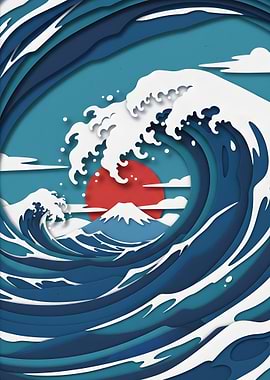 Japanese Great Wave Paper Cut Illustration
