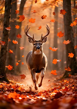 Deer running through autumn leaves