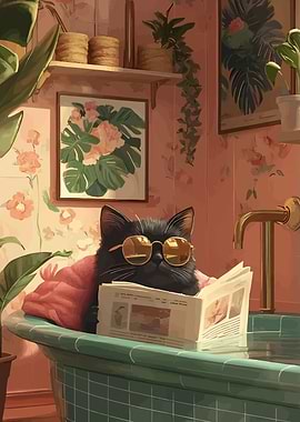 Cat Reading Newspaper in Bathtub