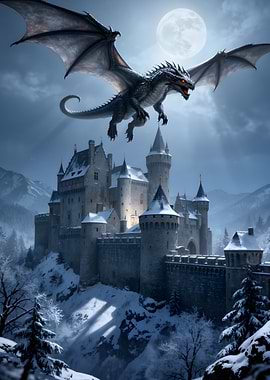 Dragon over a Snowy Castle