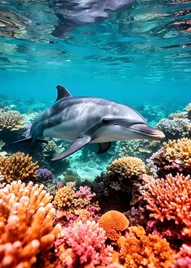 Dolphin swimming over coral reef