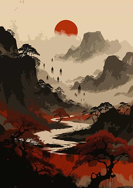 Misty Mountain Landscape with Red Sun