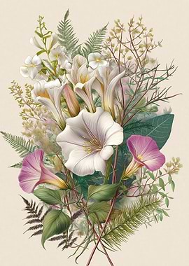 Botanical Illustration of Morning Glories and Ferns