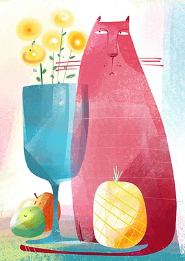 Whimsical Cat with Fruit and Flowers