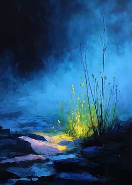 Moody Landscape with Glowing Plants