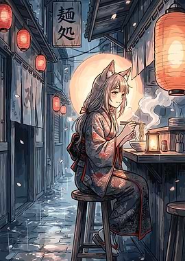 Anime Girl Eating Ramen in Japan