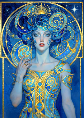 Celestial Art Nouveau Goddess in Blue and Gold