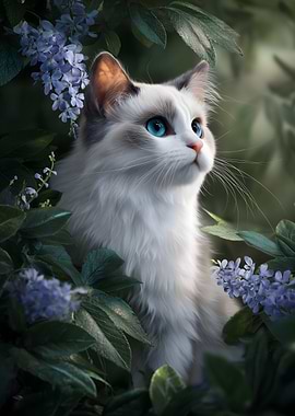 Fluffy Cat with Blue Eyes in Flowers