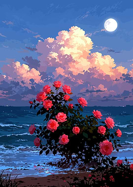 Moonlit Roses by the Sea