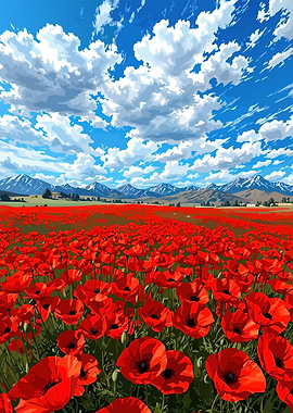 Vast Poppy Field Under Cloudy Sky