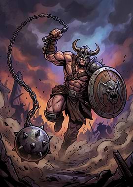 Barbarian Warrior with Flail and Shield