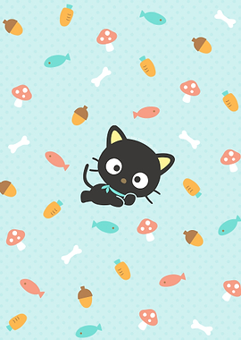 Cute Black Cat with Food Pattern
