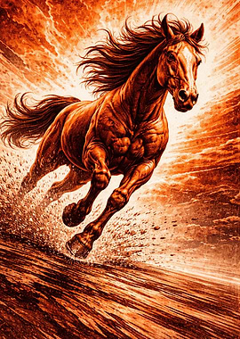 Fiery Horse Galloping Through Water