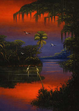 Serene Swamp Sunset with Birds