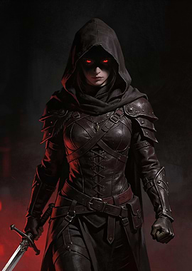 Dark hooded warrior with glowing red eyes