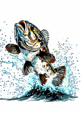 Jumping Bass Fish in Water Splash