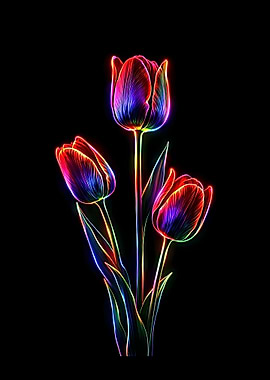 Neon Tulips on Black Background