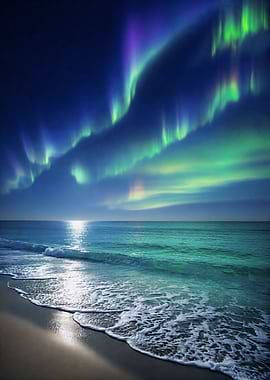 Aurora Borealis Over Ocean Beach