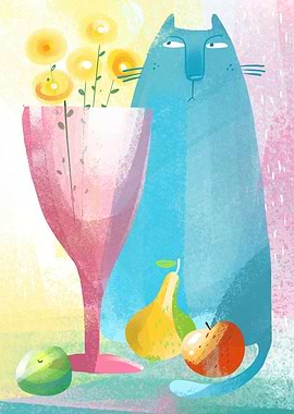Blue Cat with Flowers and Fruit