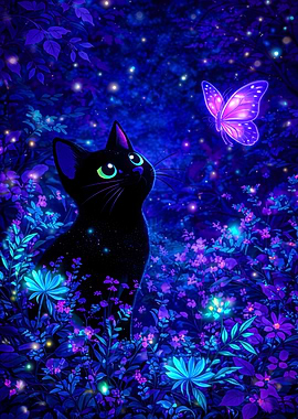 Black Cat and Butterfly in Magical Forest