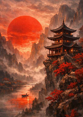 Pagoda on Cliff Overlooking River at Sunset