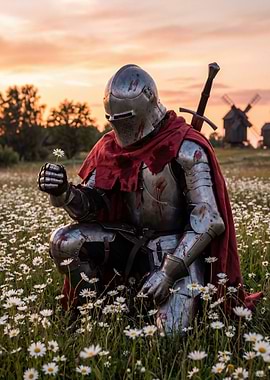 Knight with Flower at Sunset