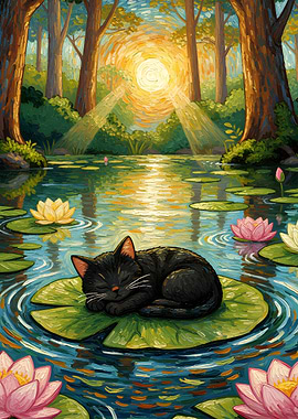 Black cat sleeping on lily pad