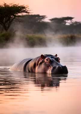 Hippopotamus in Misty Water at Sunrise