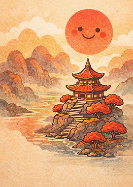 Happy Sun Over Japanese Pagoda