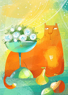 Orange Cat with Flowers and Fruit