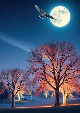 Eagle flying over moonlit trees