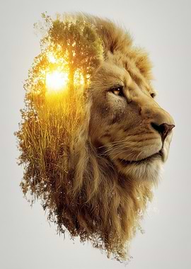 Lion with Sunrise and Trees Overlay