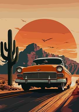 Retro Car in Desert Sunset