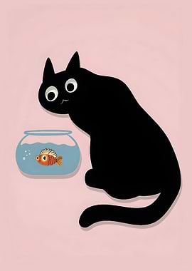 Black Cat Watching Goldfish