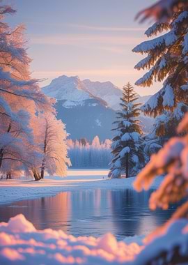 Winter Mountain Landscape with Frozen Lake