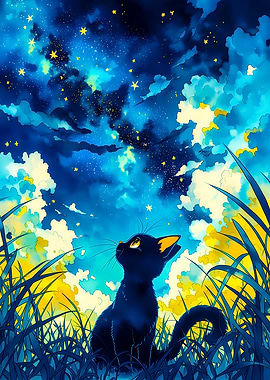 Black Cat Gazing at Starry Sky