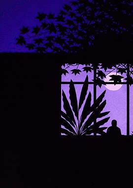 Silhouette of a person by a window at night
