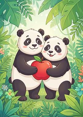 Two pandas holding an apple