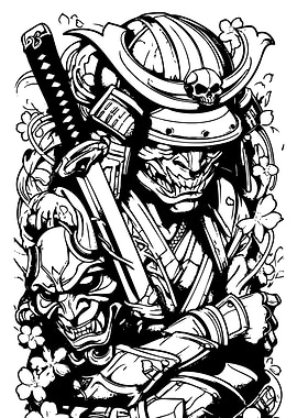 Samurai Warrior with Oni Mask and Katana