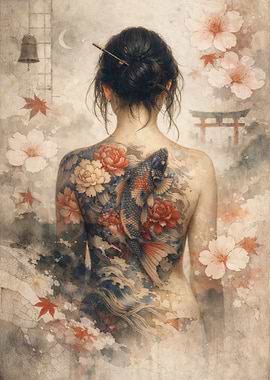 Woman with Koi and Floral Tattoo