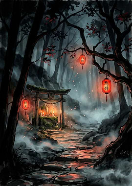 Mystical Forest Shrine with Lanterns