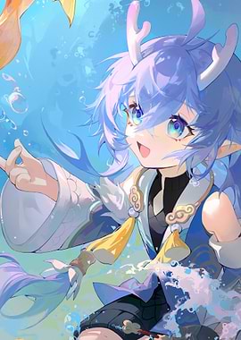 Anime Girl with Blue Hair Underwater
