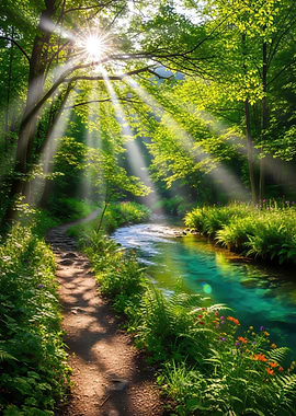 Sunlit Forest Path by a Stream