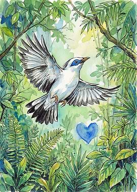 Bird flying in a lush forest