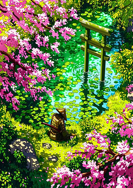 Samurai in a Japanese garden