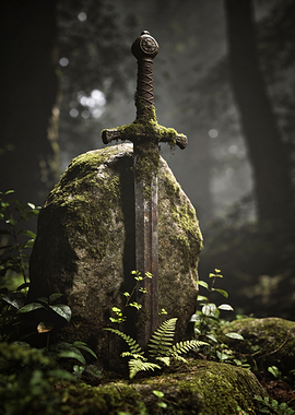Moss-Covered Sword in Forest