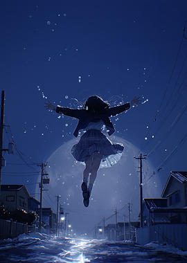 Girl floating in the night sky
