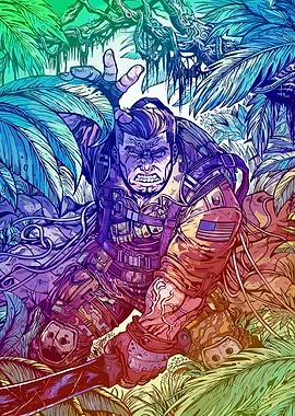 Soldier in Jungle with American Flag